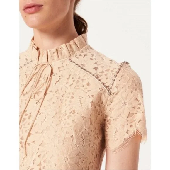 Sandro Peach High Neck Lace Rhinestones Cocktail Mini Dress size 40/ US4 - Picture 3 of 16